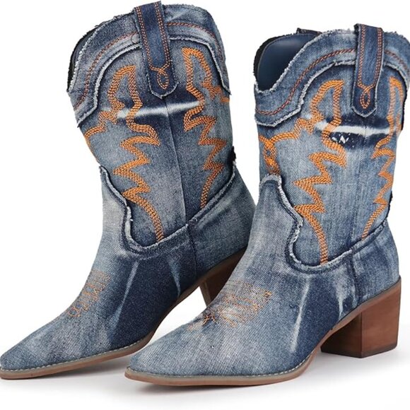 Shoes - Women's Denim fabric Embroidered Stitched Rodeo Boots Cowgirl Ankle Western Boot
